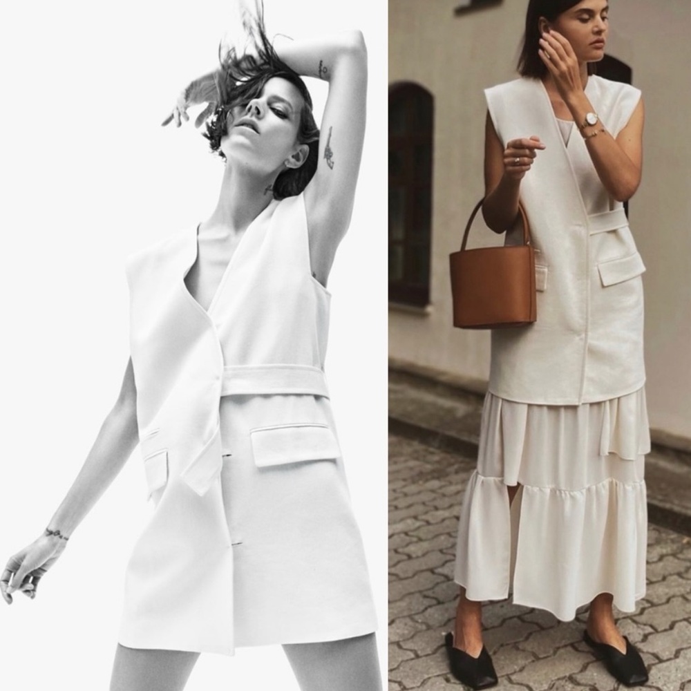 Zara Rustic Oversized Long Vest Ivory/White Size XS/S NEW